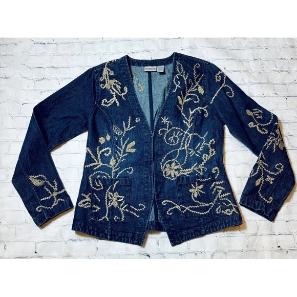 Chicos Dark Wash Denim Jacket Tan Boho Embroidery Chico’s 0 or Small - Picture 5 of 10